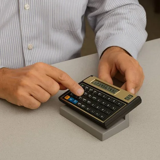 Mãos usando uma calculadora financeira HP 12C
